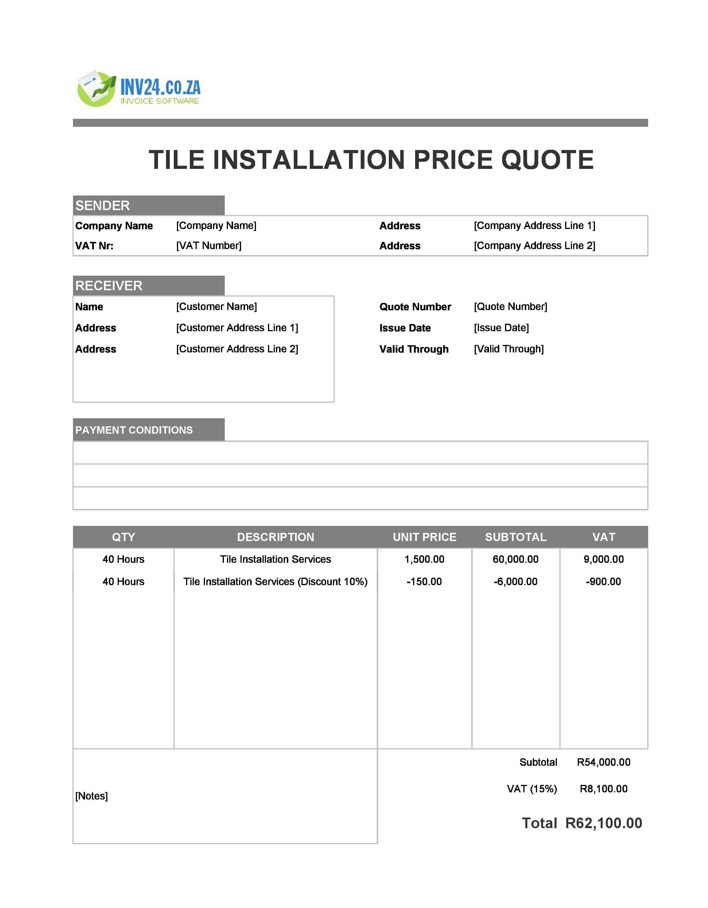 Tile Installation Quote Template for South Africa (Excel / Google Sheets)