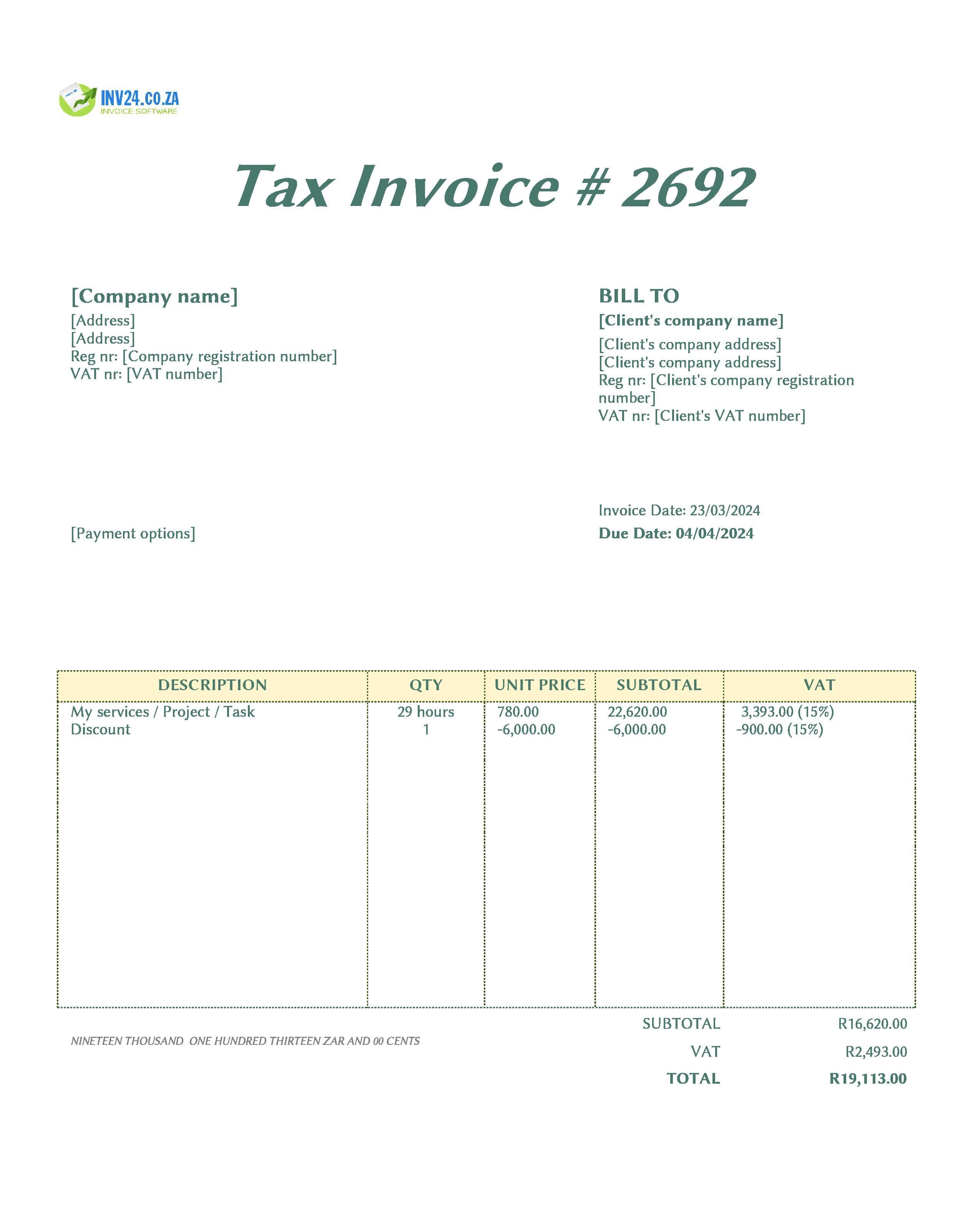 timesheet invoice template South Africa