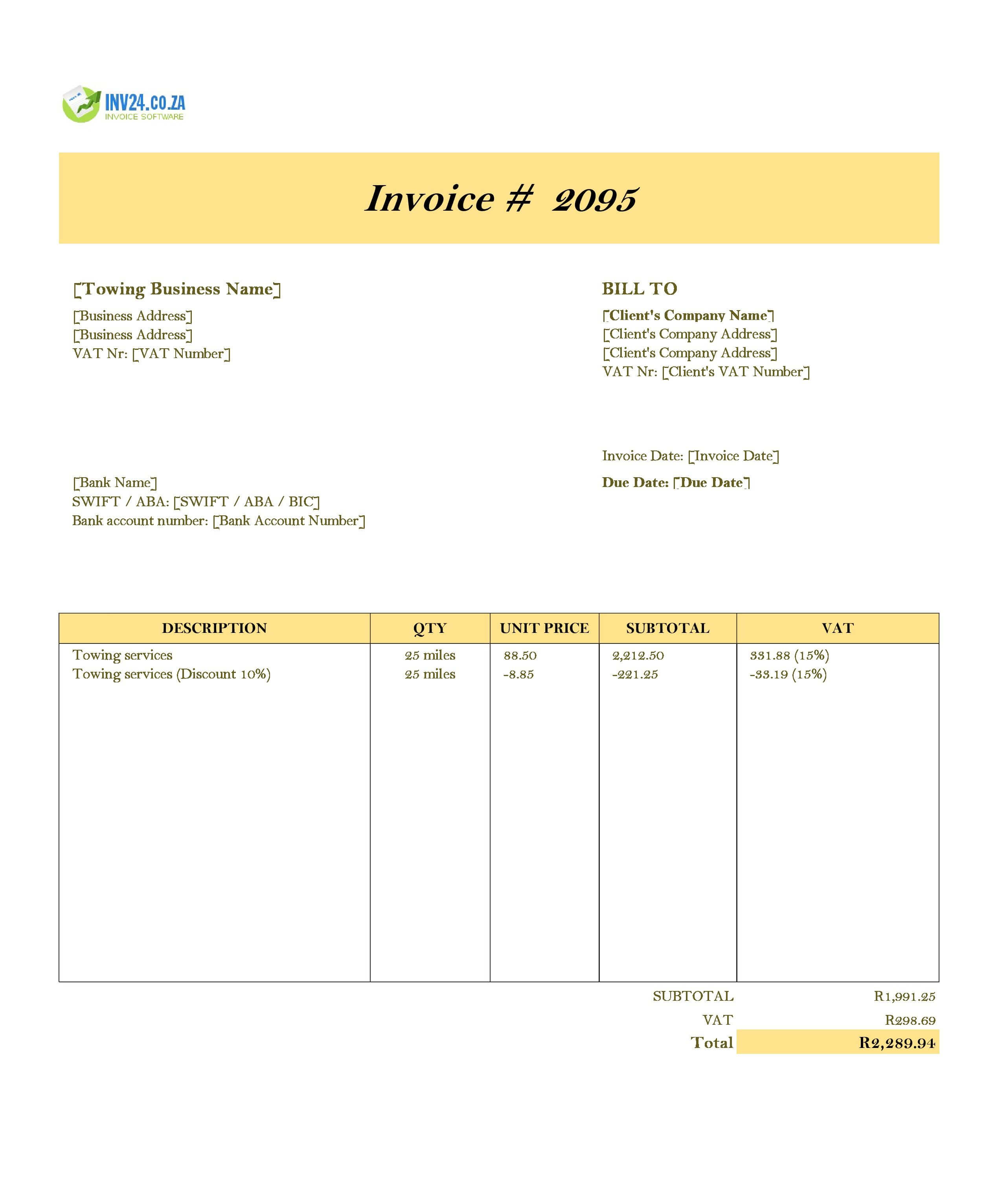 Towing Invoice Template for South Africa (Excel / Google Sheets)