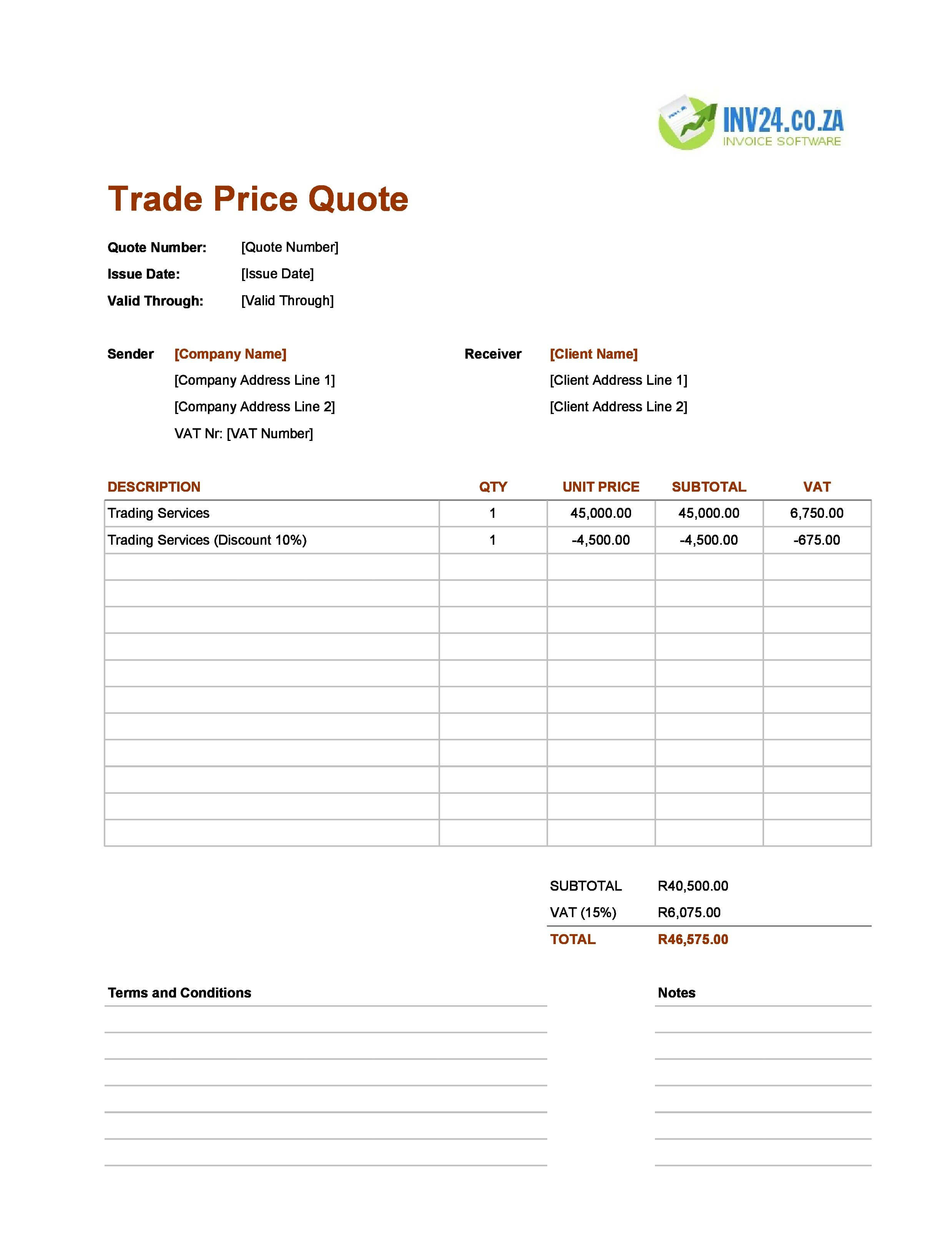 Trade Quote Template for South Africa (Excel / Google Sheets)