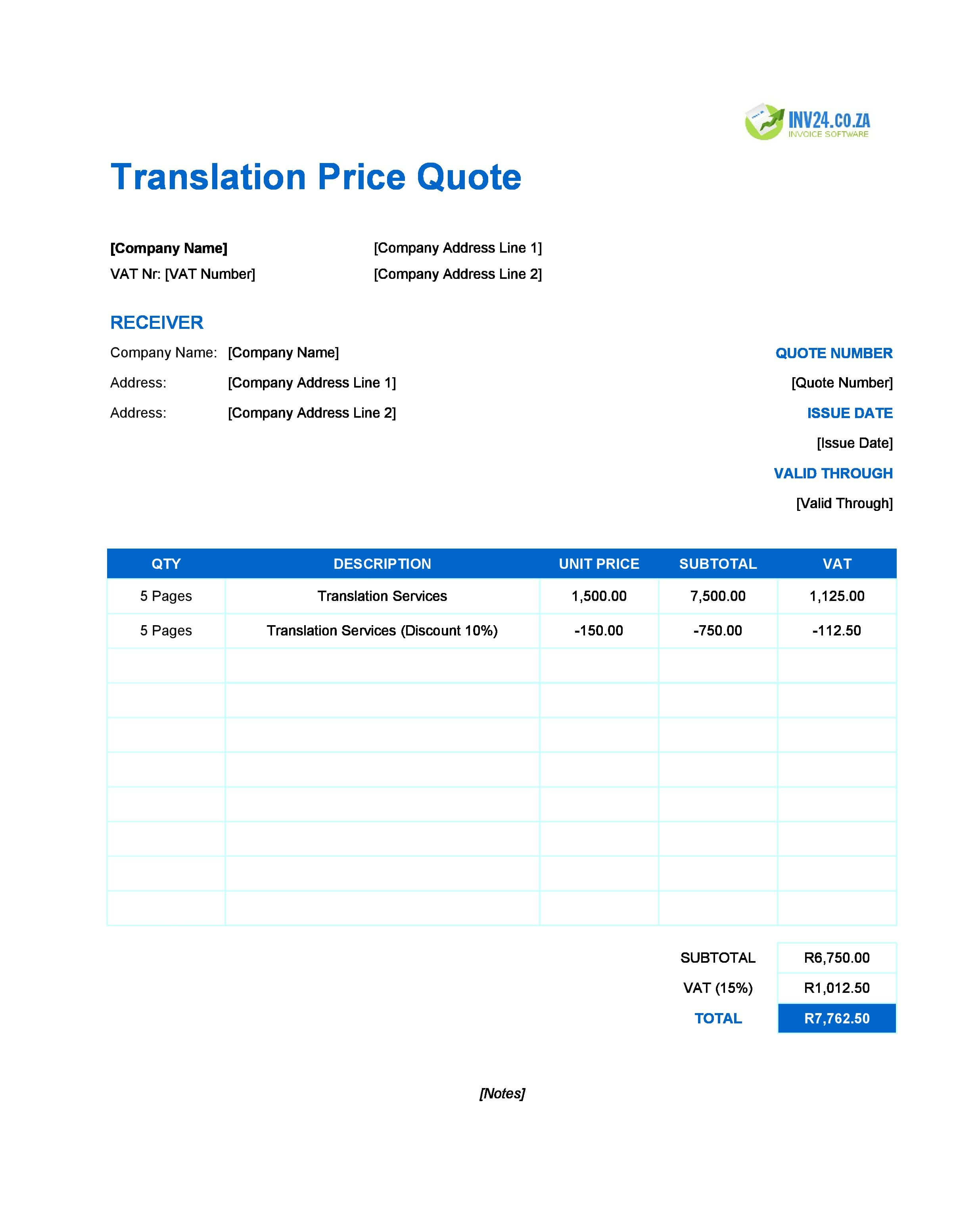 Translation Quote Template for South Africa (Excel / Google Sheets)