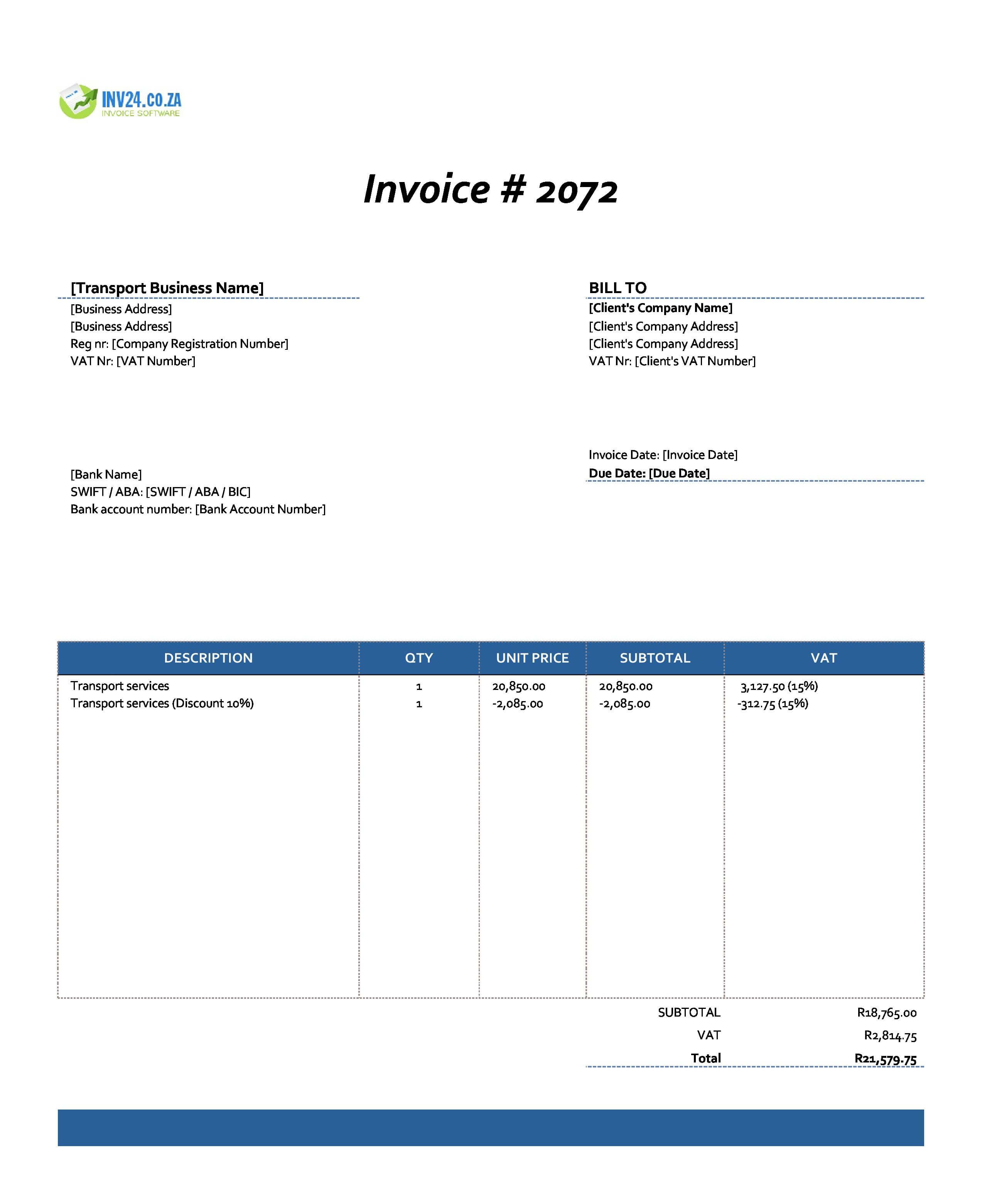 Transport Invoice Template for South Africa (Excel / Google Sheets) Transport Invoice Template for South Africa (Excel / Google Sheets)
