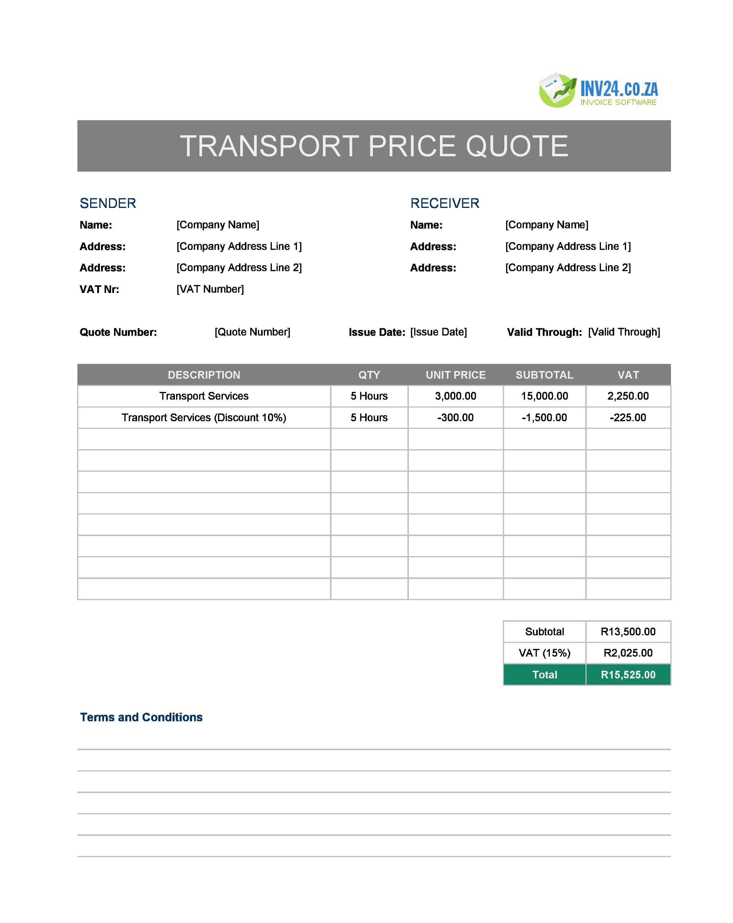Transport Quote Template for South Africa (Excel / Google Sheets)