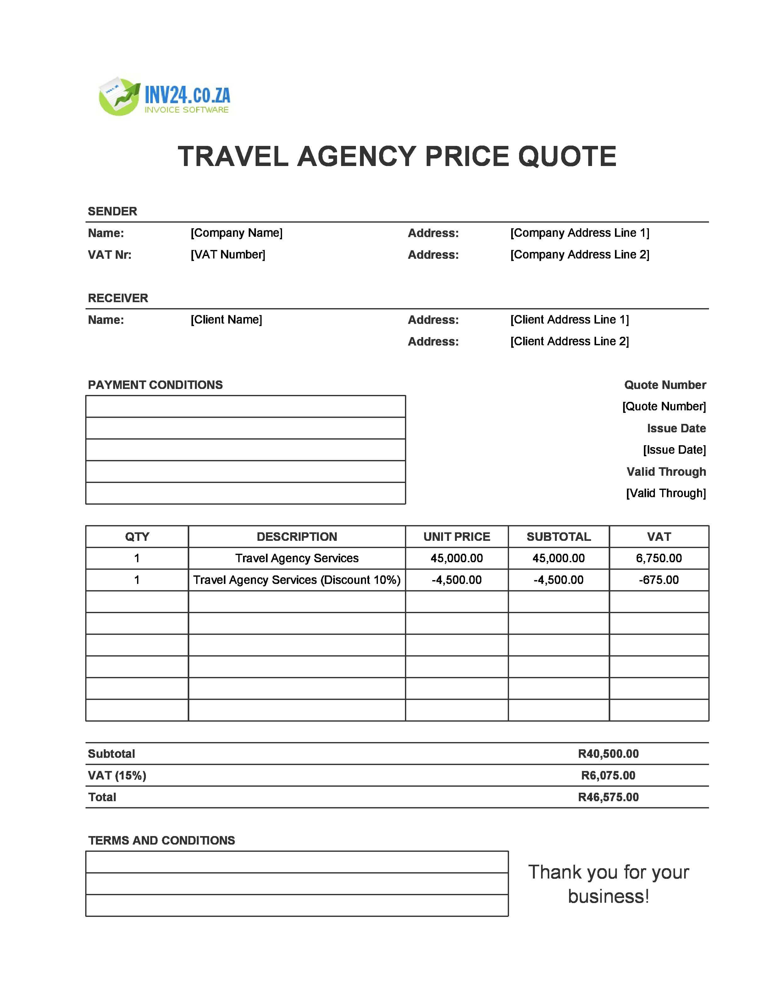 Travel Agency Quote Template for South Africa (Excel / Google Sheets)