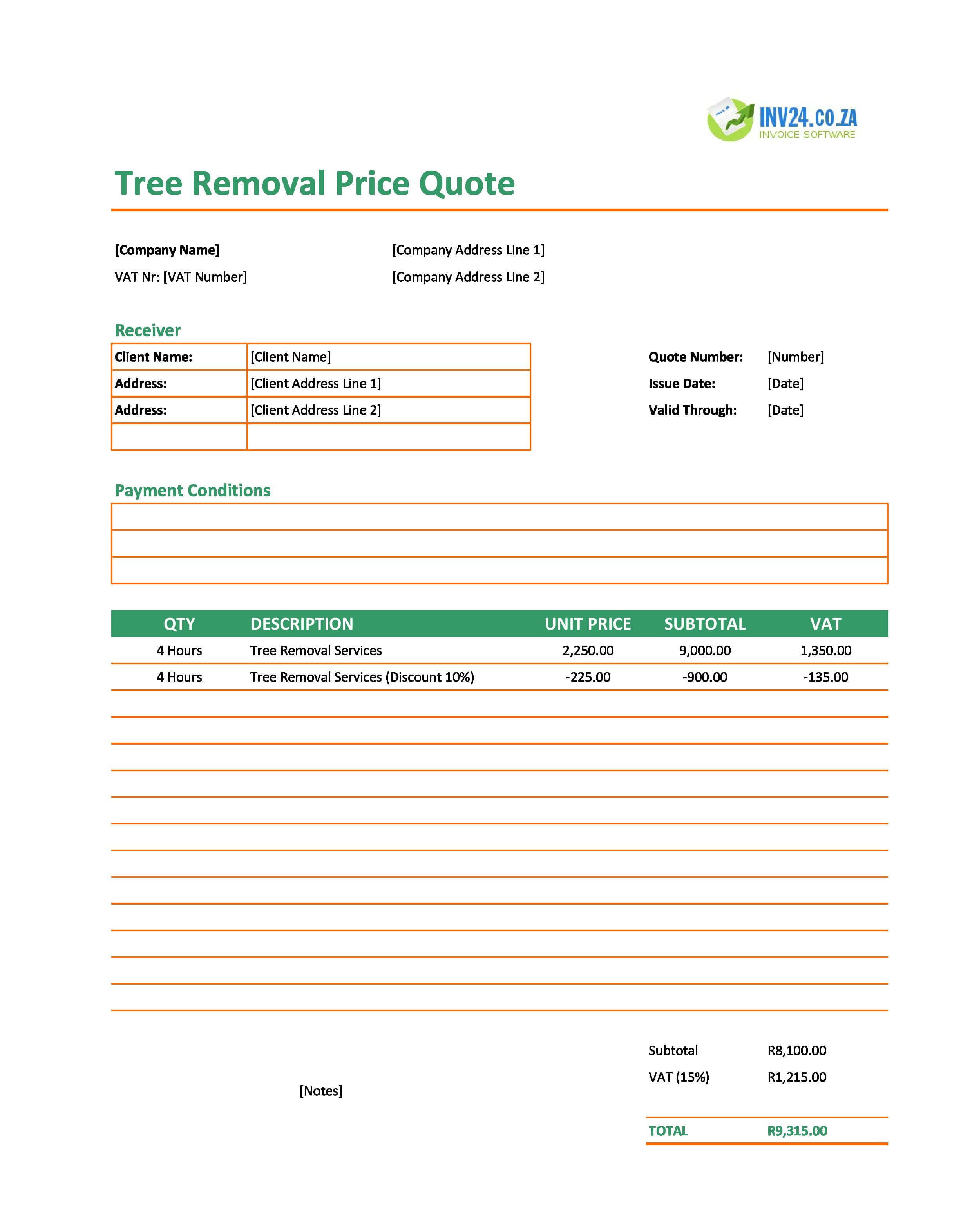Tree Removal Quote Template for South Africa (Excel / Google Sheets)
