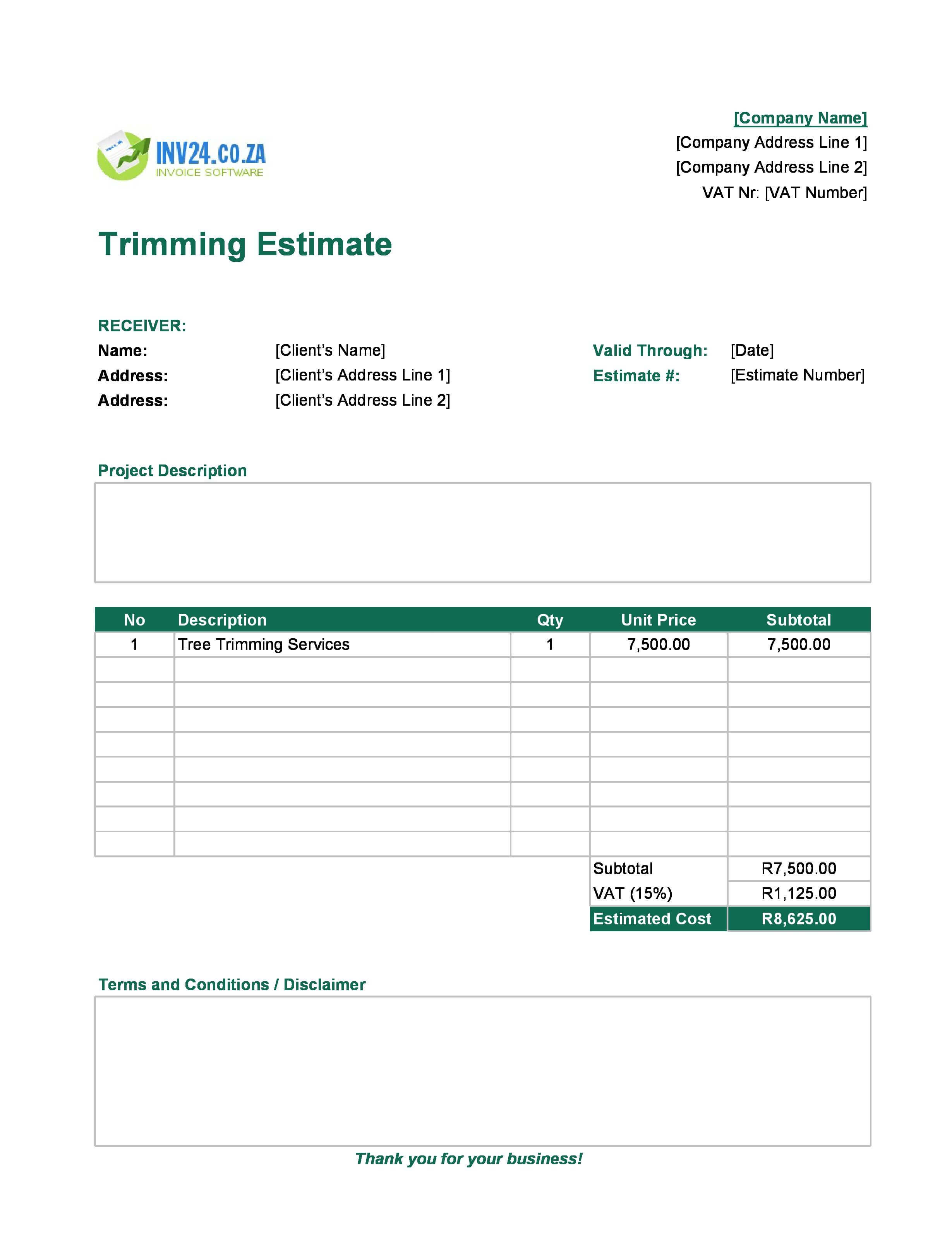 Trimming Estimate Template for South Africa (Excel / Google Sheets)