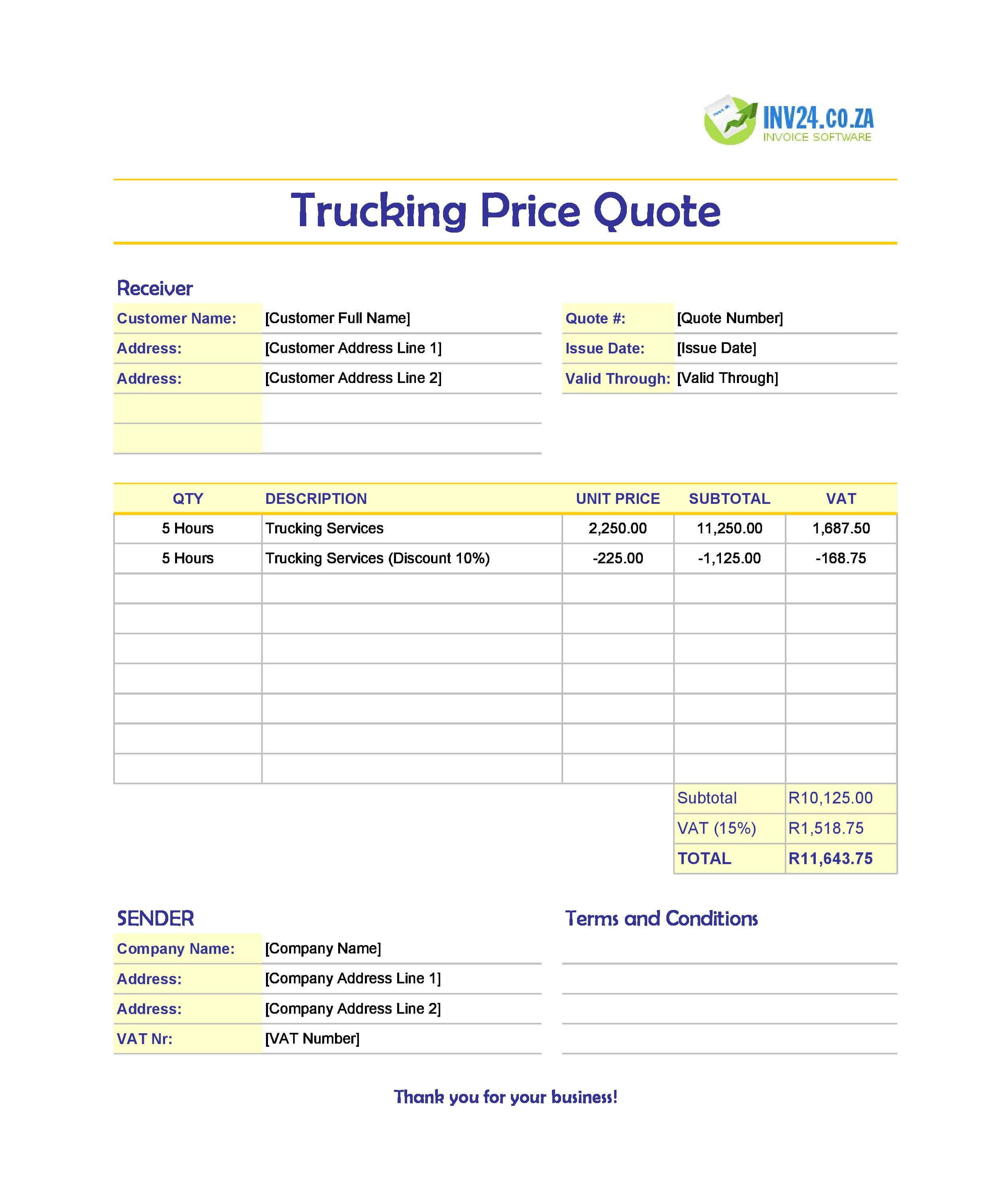 Trucking Quote Template for South Africa (Excel / Google Sheets)