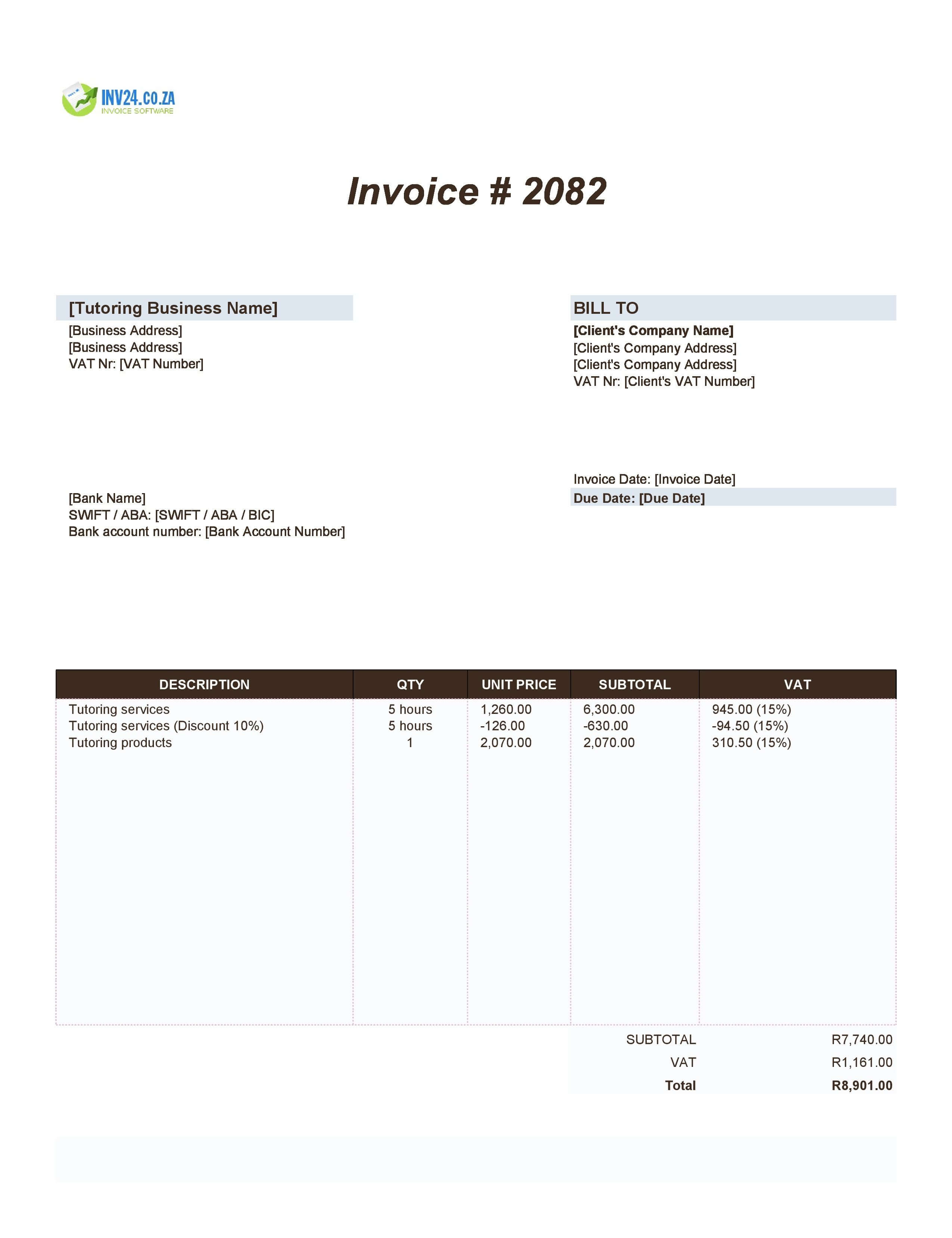 Tutoring Invoice Template for South Africa (Excel / Google Sheets)