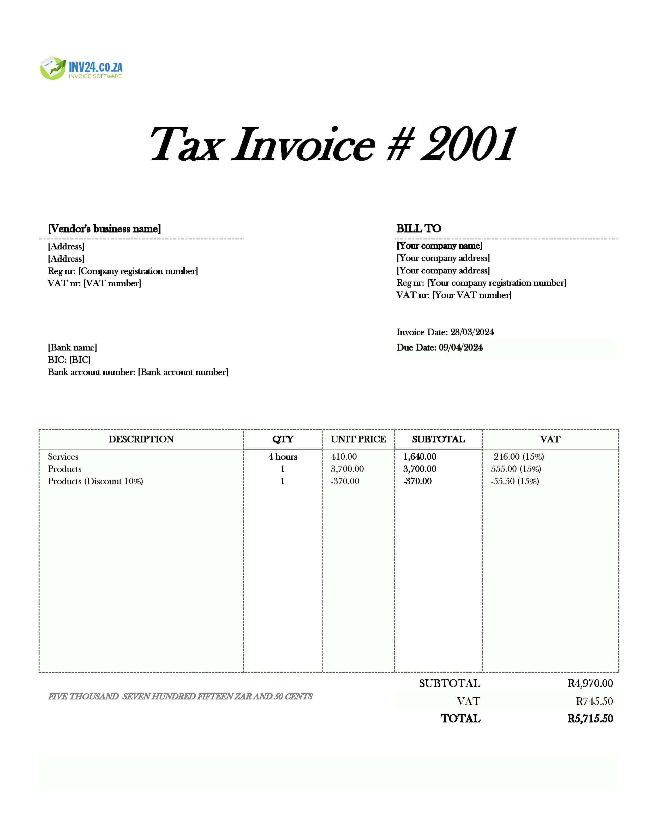 Vendor Invoice Template South Africa (Excel / Google Sheets) Vendor Invoice Template South Africa (Excel / Google Sheets)