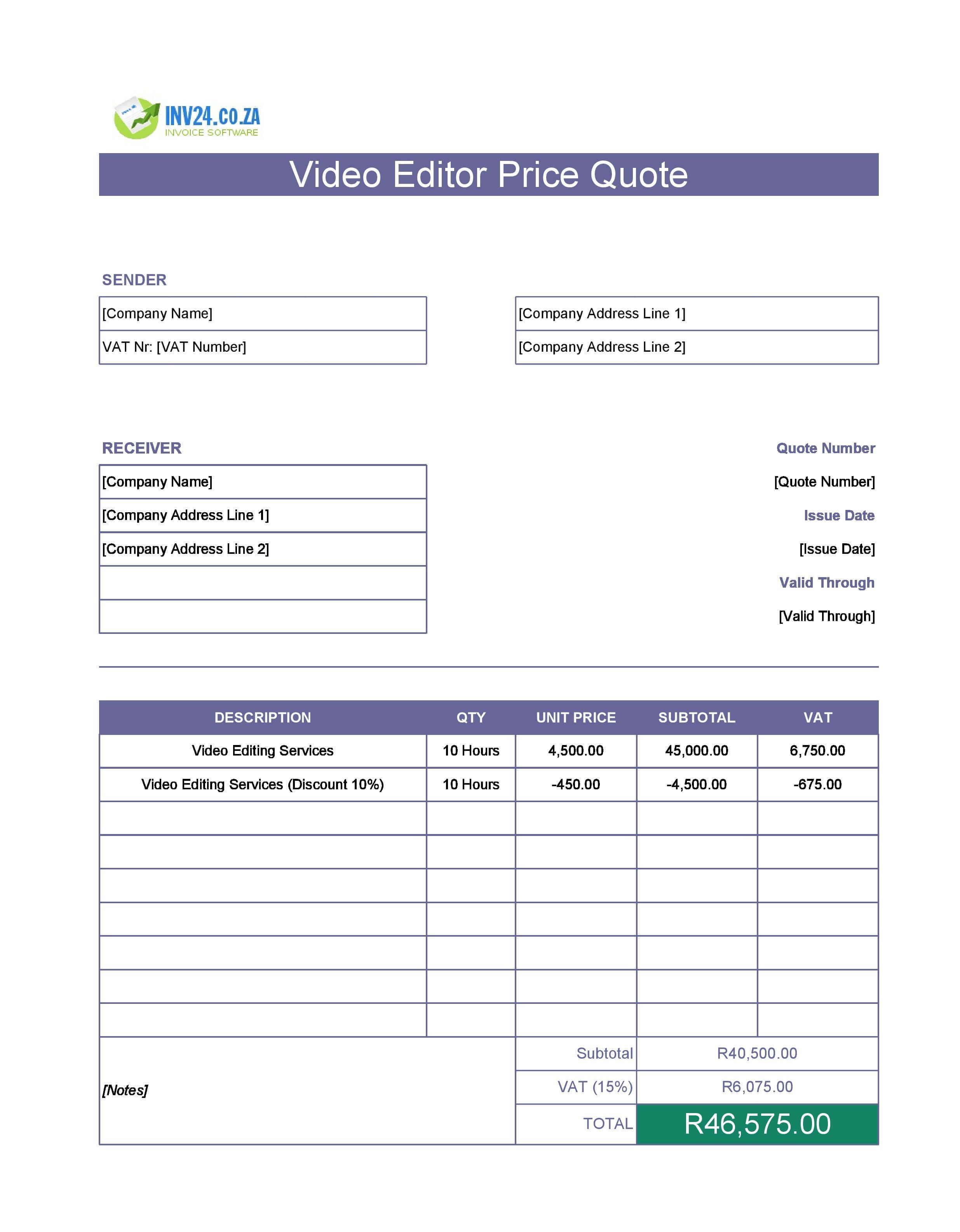 Video Editor Quote Template for South Africa (Excel / Google Sheets)