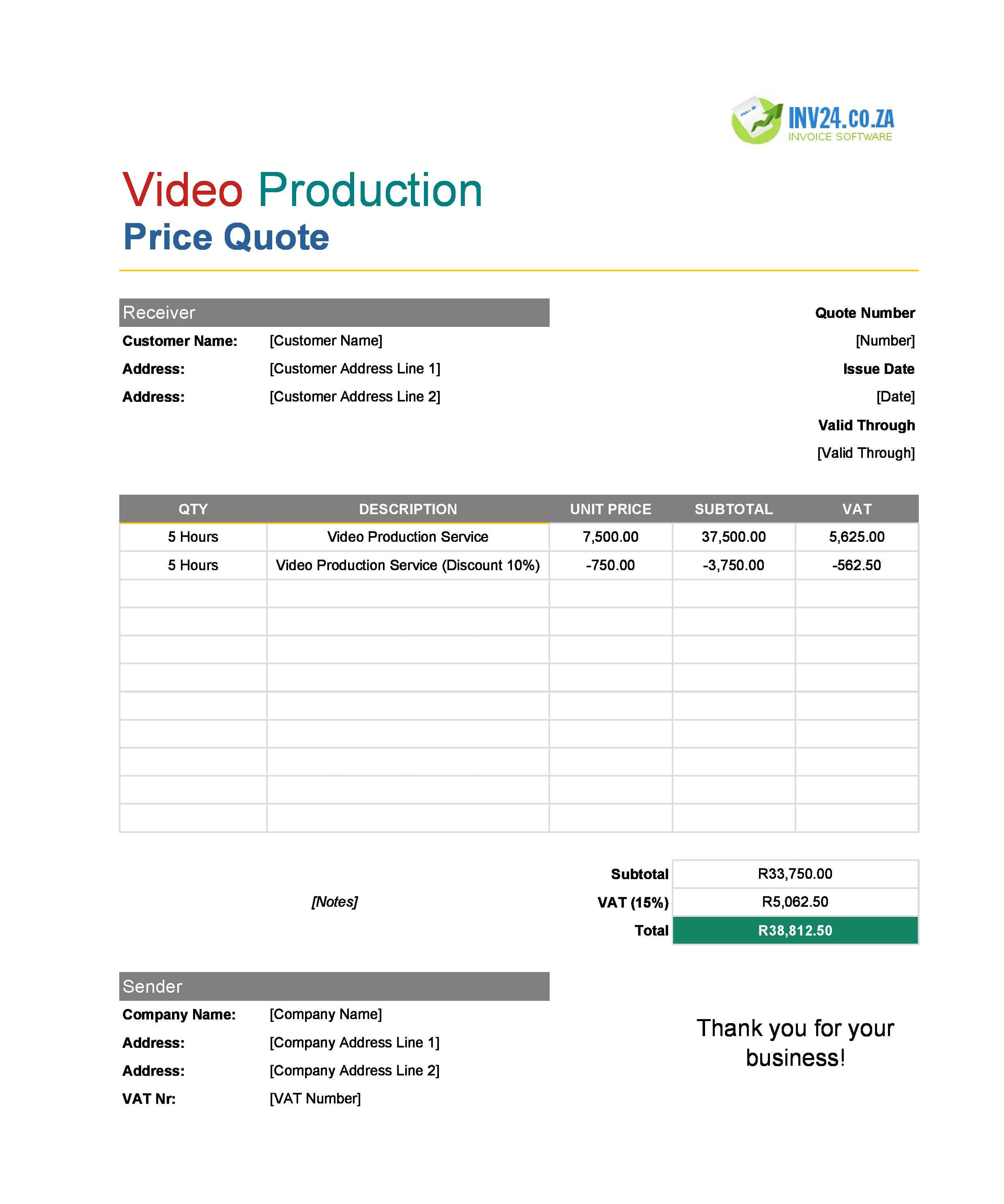 Video Production Quote Template for South Africa (Excel / Google Sheets)