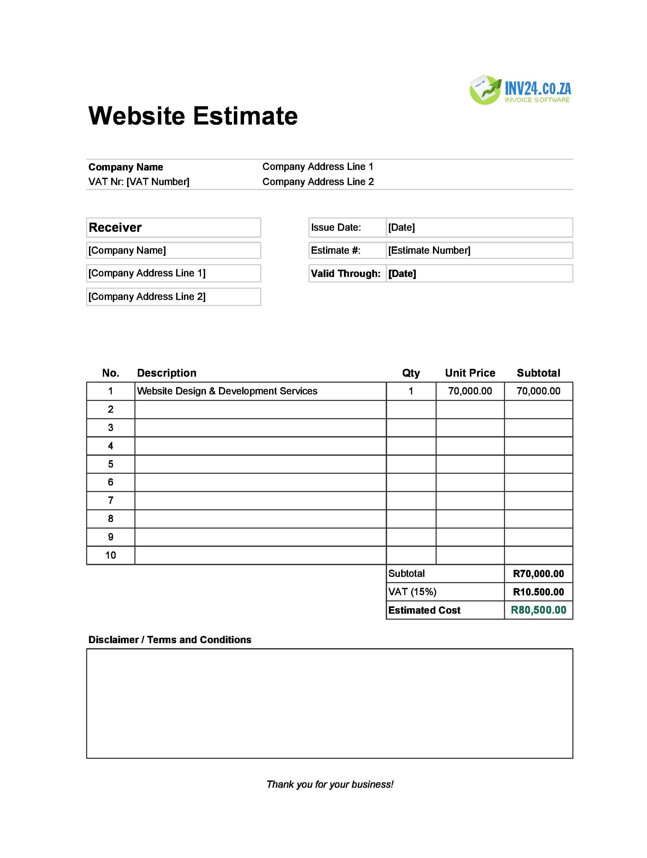Website Estimate Template for South Africa (Excel / Google Sheets)