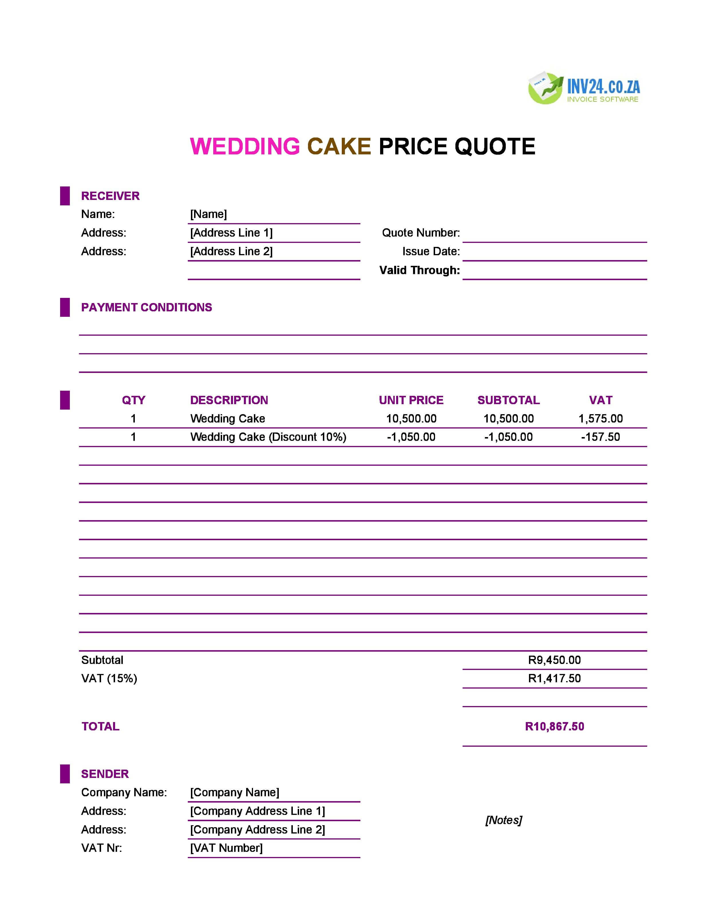 Wedding Cake Quote Template for South Africa (Excel / Google Sheets)