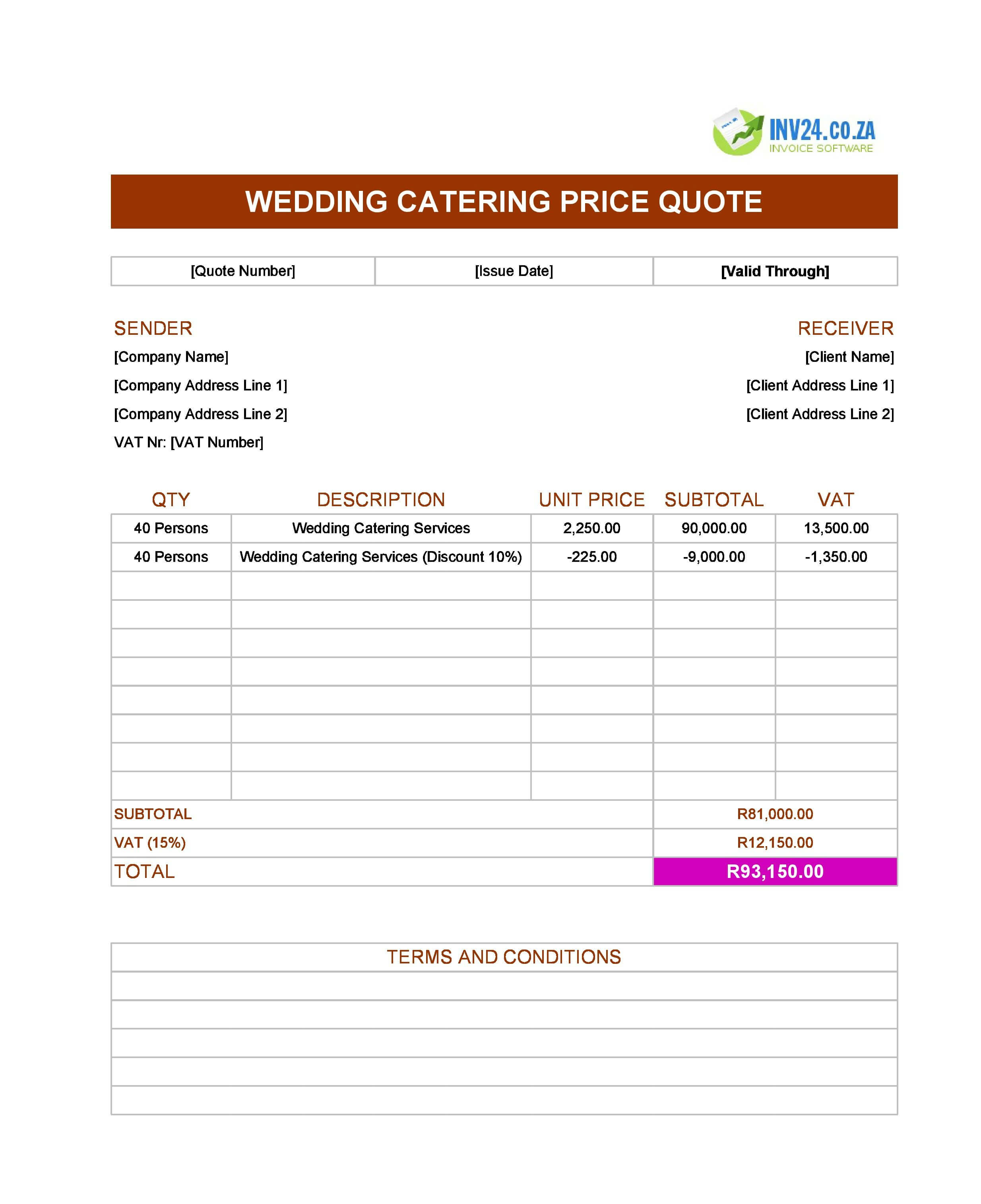 Wedding Catering Quote Template for South Africa (Excel / Google Sheets)