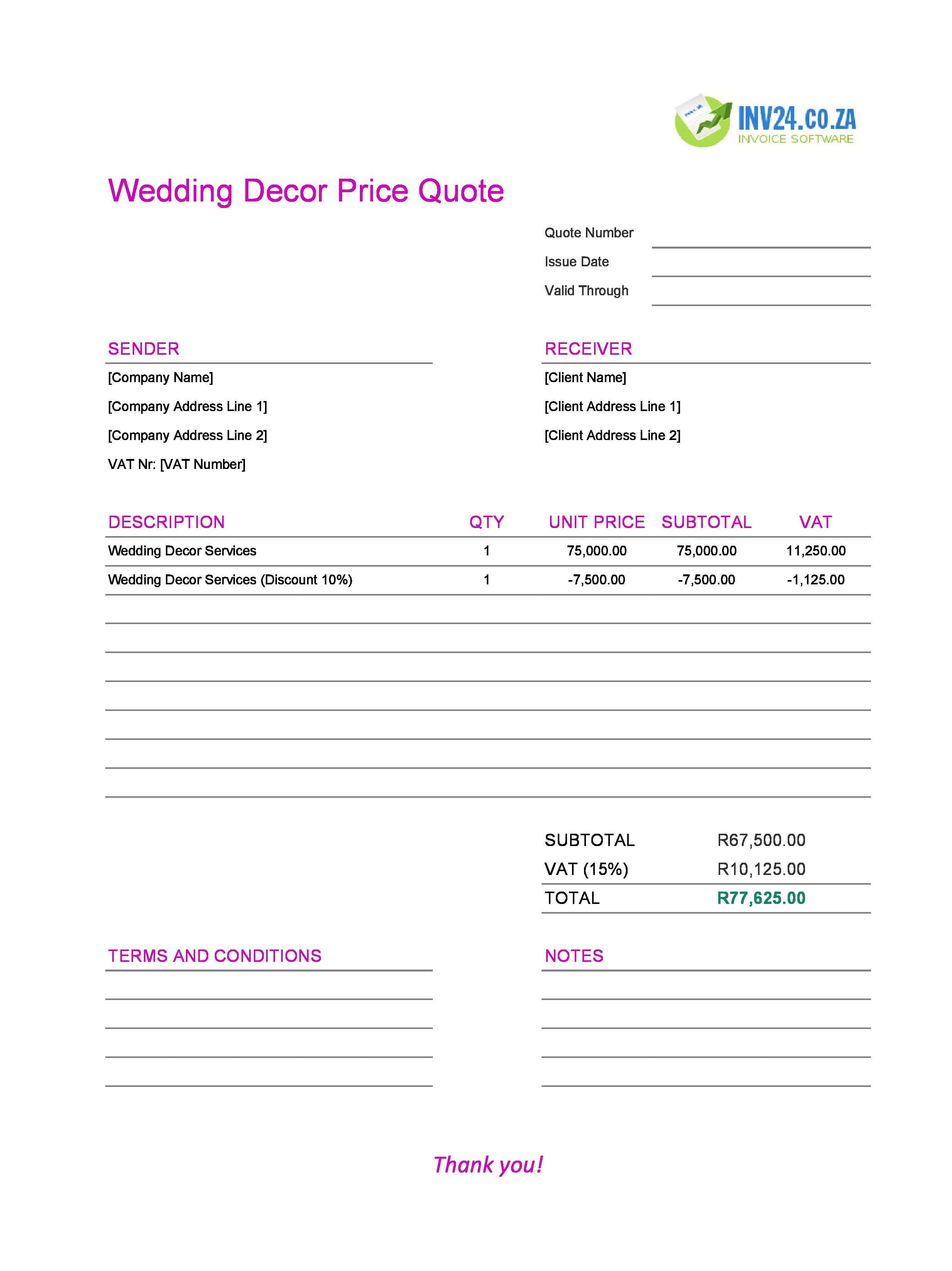 Wedding Decor Quote Template for South Africa (Excel / Google Sheets)
