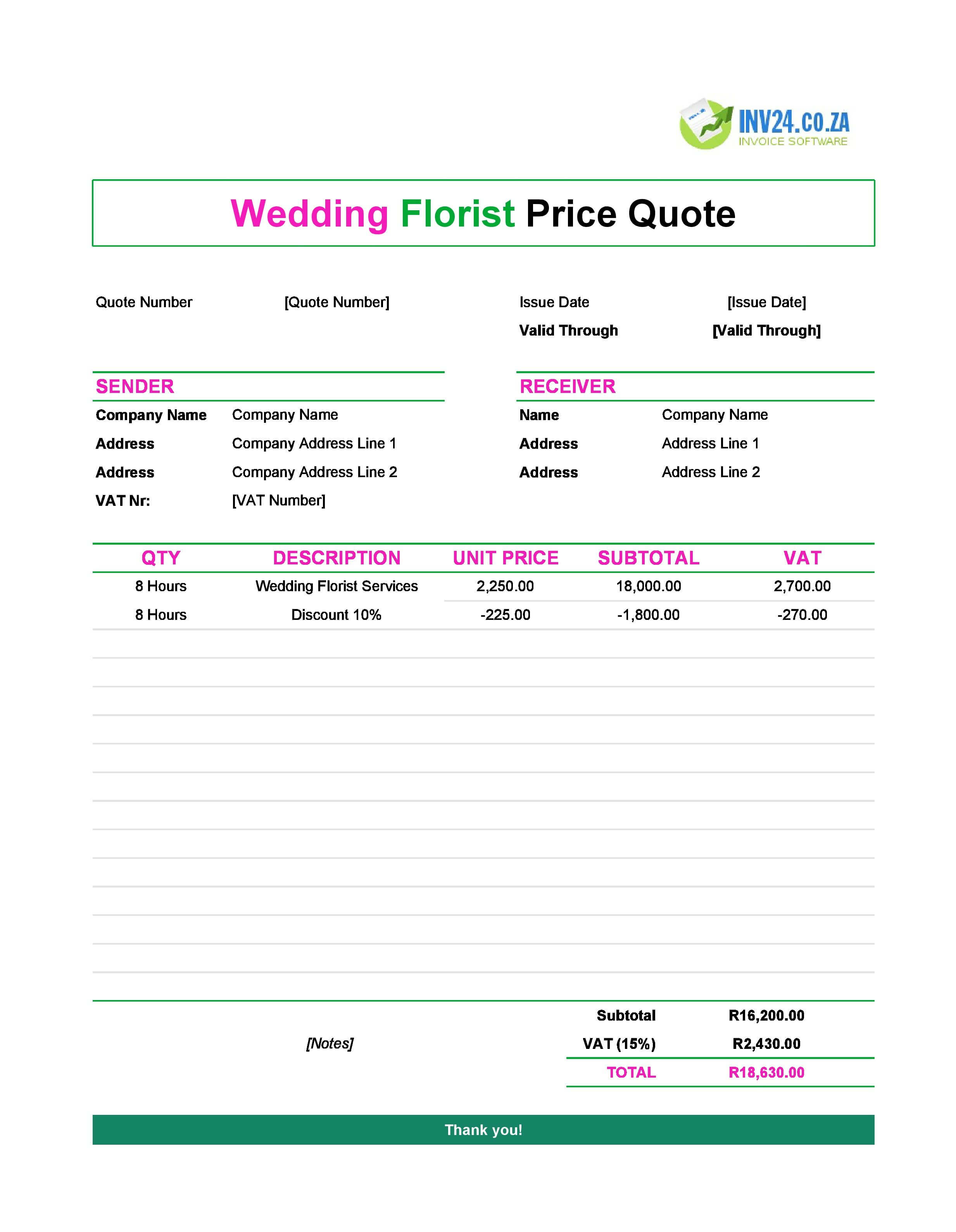 Wedding Florist Quote Template for South Africa (Excel / Google Sheets)