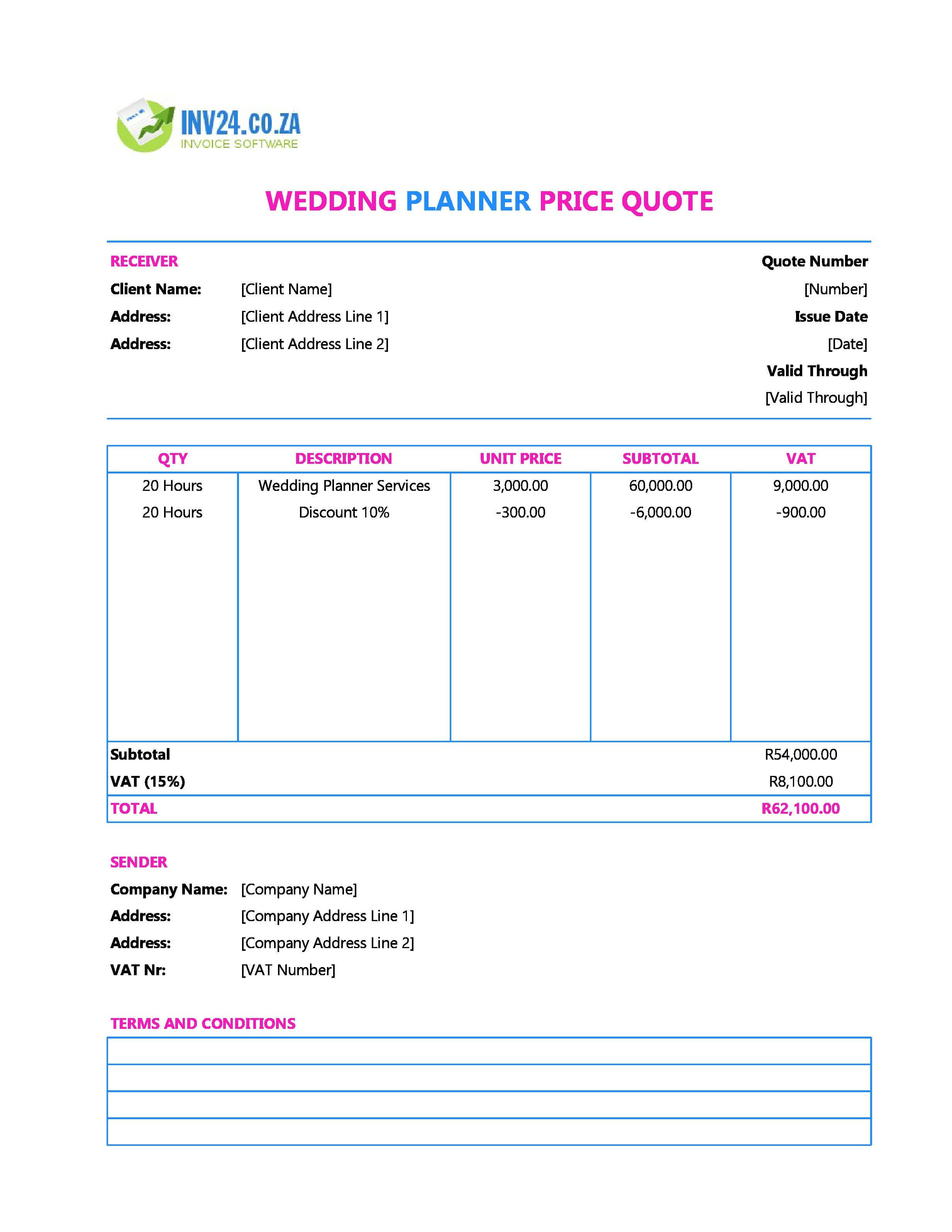 Wedding Planner Quote Template for South Africa (Excel / Google Sheets)