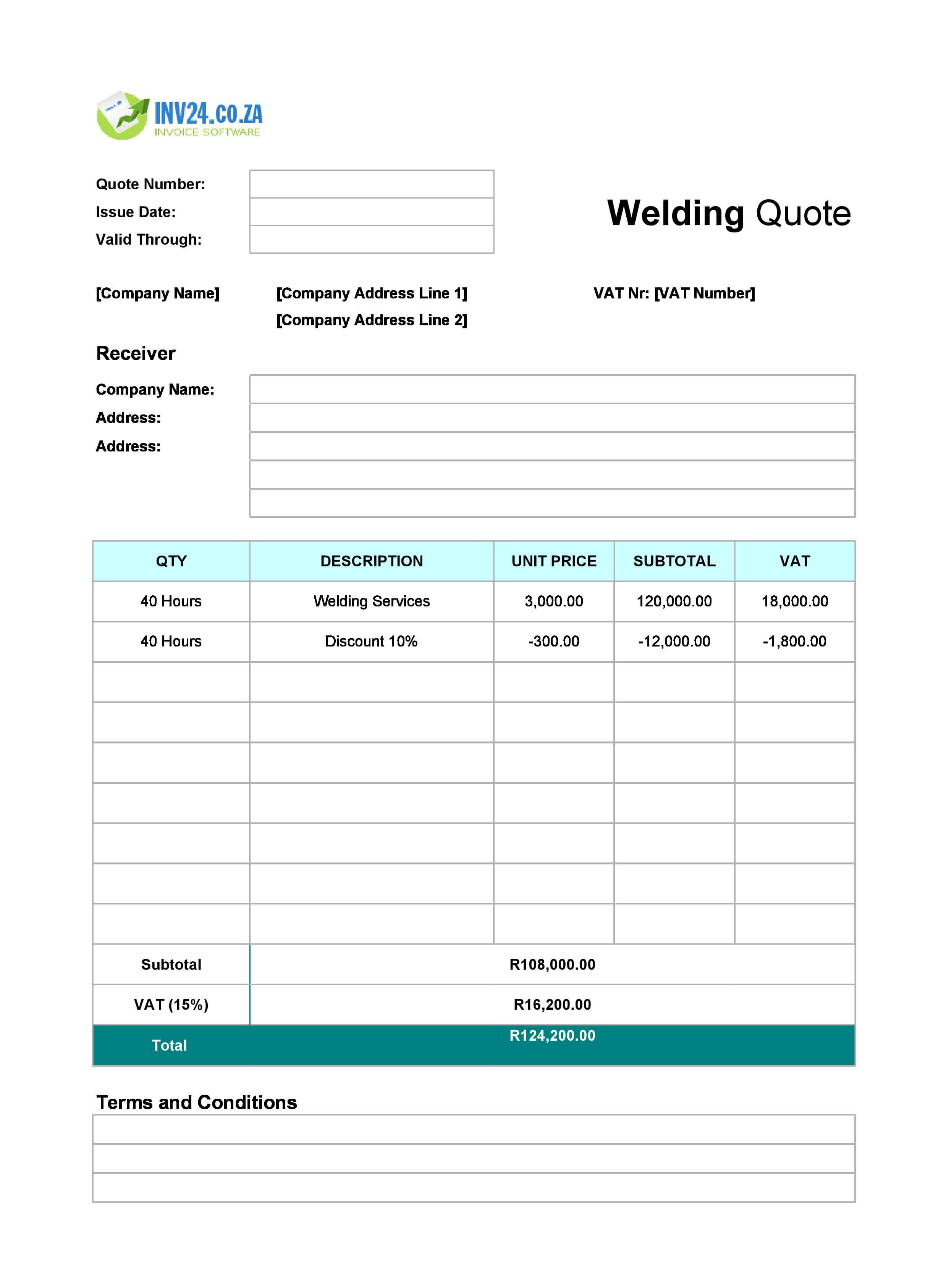 Welding Quote Template for South Africa (Excel / Google Sheets)