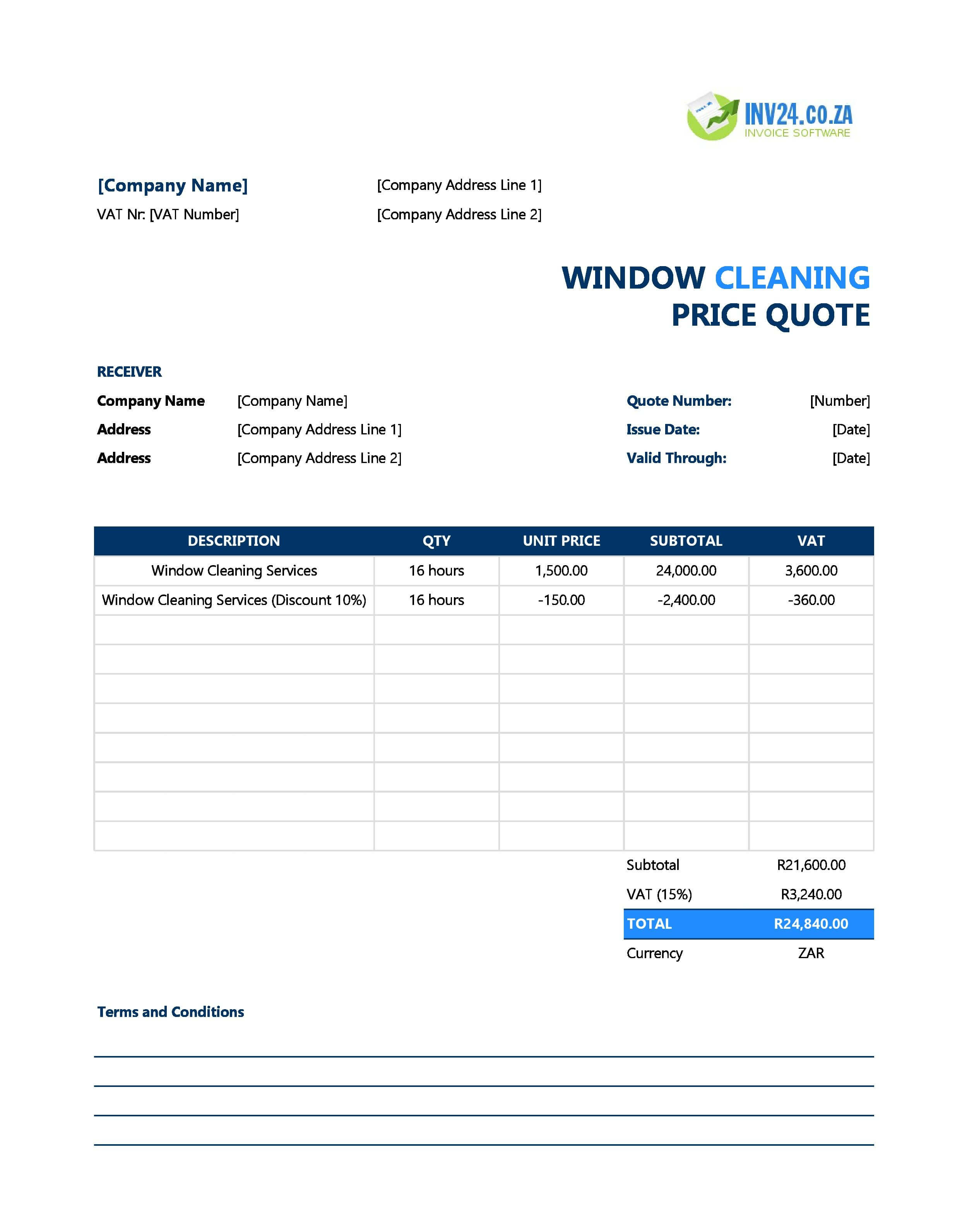 Window Cleaning Quote Template for South Africa (Excel / Google Sheets)