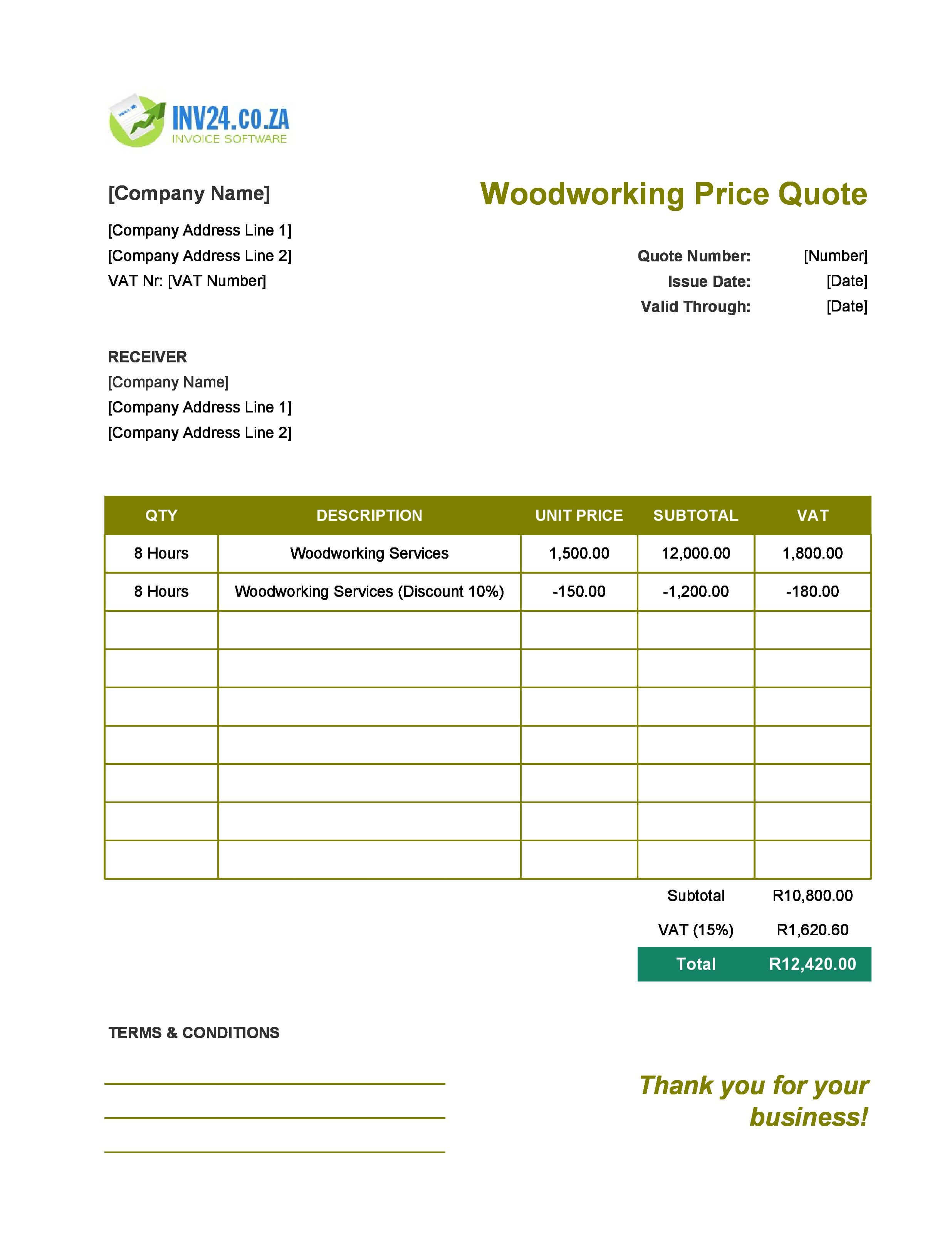 Woodworking Quote Template for South Africa (Excel / Google Sheets)