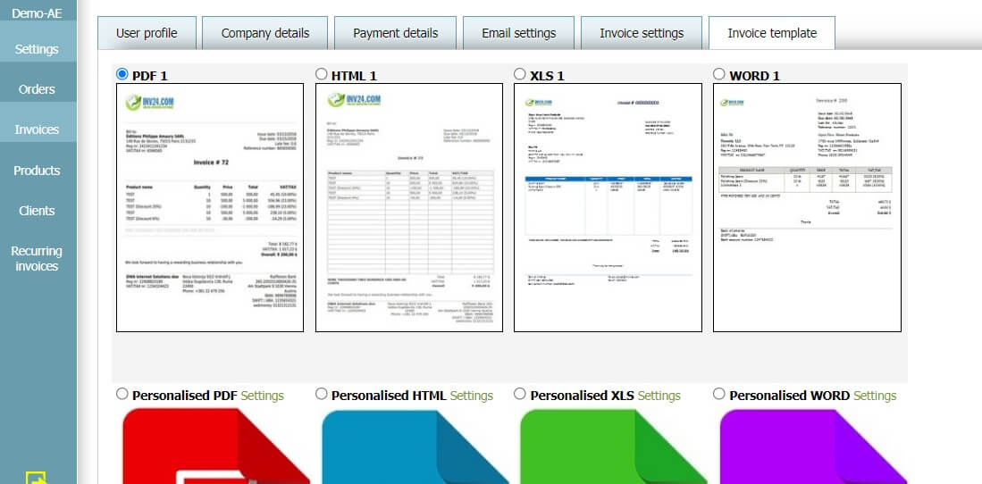 User profile - Invoice template