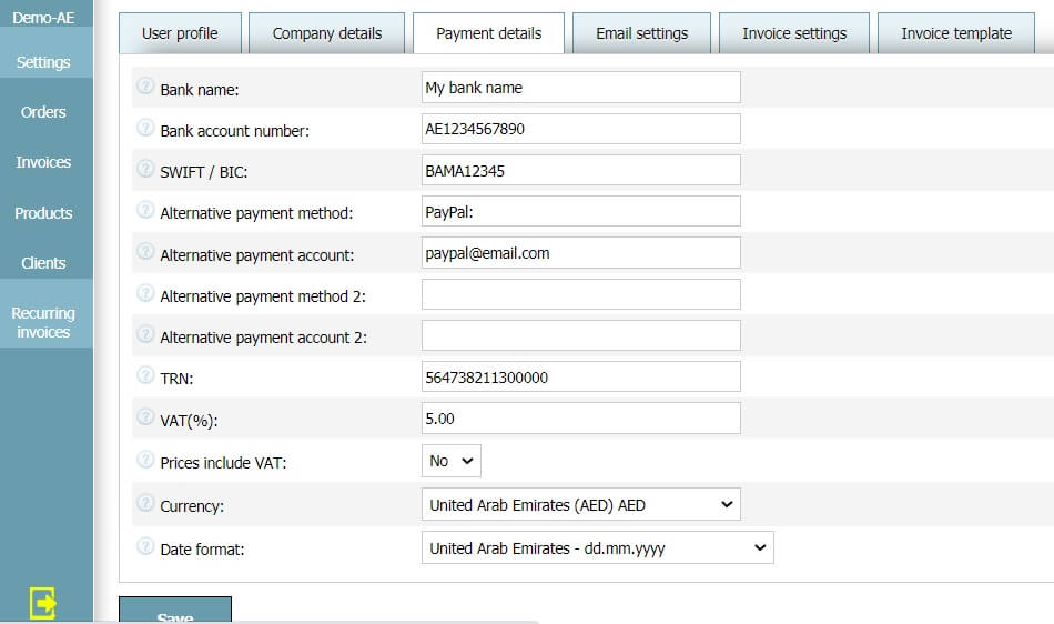 User profile - Payment details User profile - Payment details