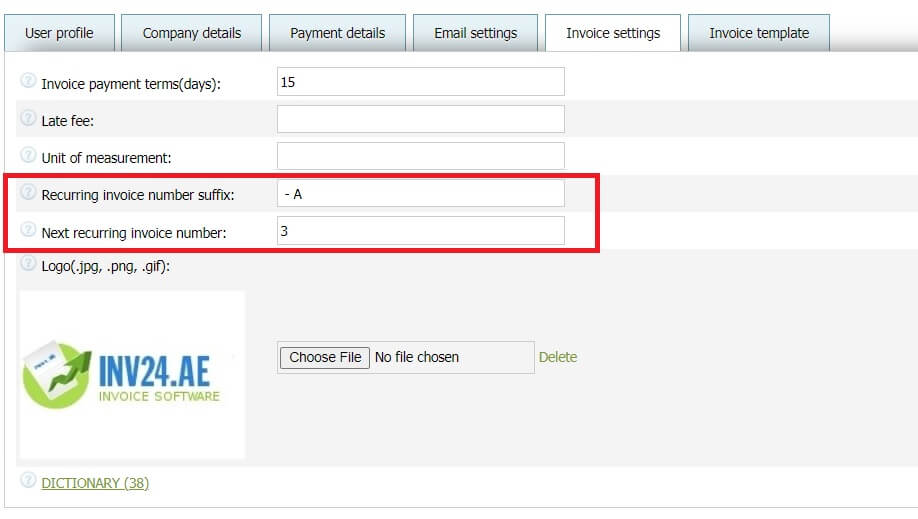 In invoice settings you can set 2 parameters for recurring invoices: