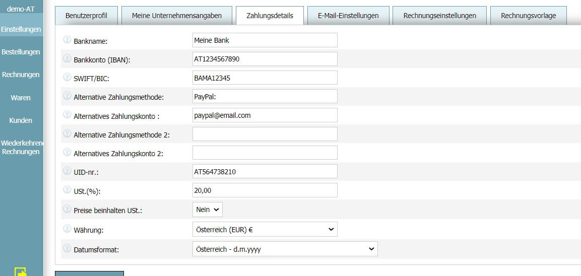 Benutzerprofil - Zahlungsdetails