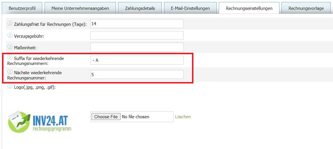 In den Rechnungseinstellungen können Sie 2 Parameter für wiederkehrende Rechnungen festlegen:
