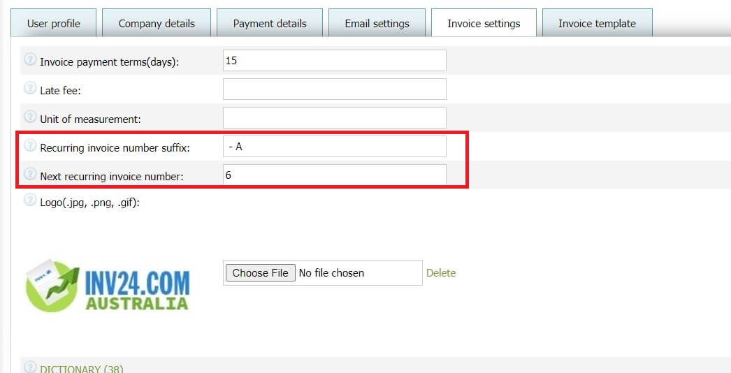 In invoice settings you can set 2 parameters for recurring invoices: