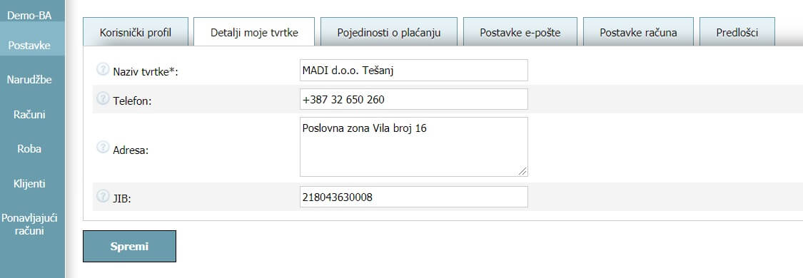 Korisnički profil - Detalji moje tvrtke Korisnički profil - Detalji moje tvrtke