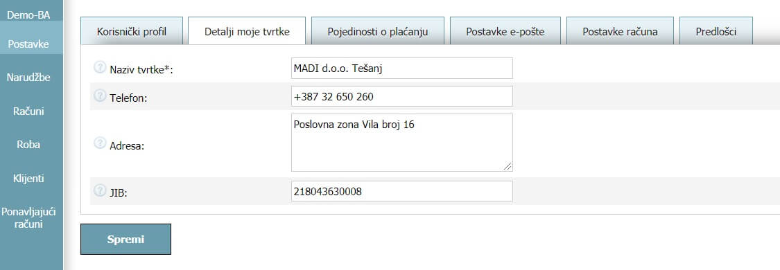 Korisnički profil - Detalji moje tvrtke