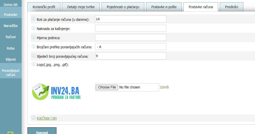 Postavke faktura Postavke faktura