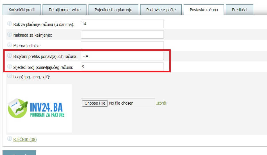 U postavkama fakture možete postaviti 2 parametra za ponavljajuće fakture: U postavkama fakture možete postaviti 2 parametra za ponavljajuće fakture: