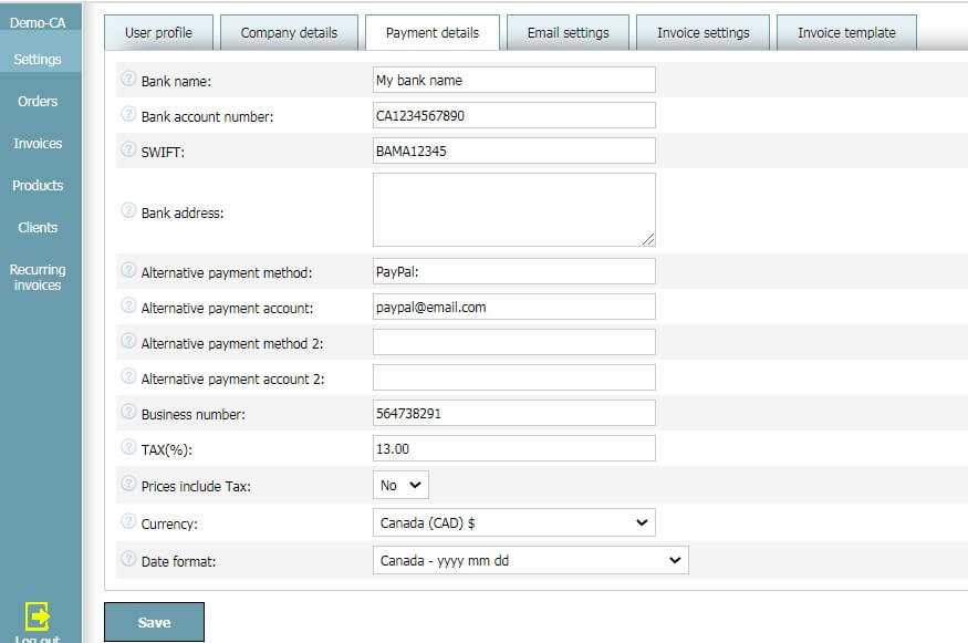 User profile - Payment details