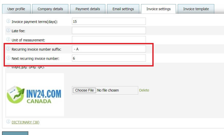 In invoice settings you can set 2 parameters for recurring invoices: