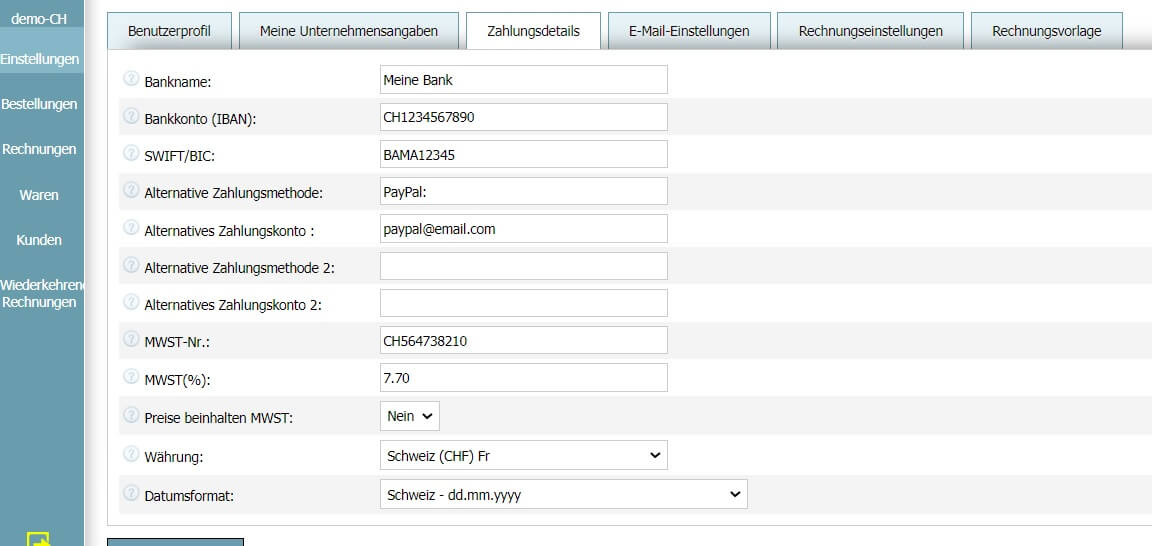 Benutzerprofil - Zahlungsdetails