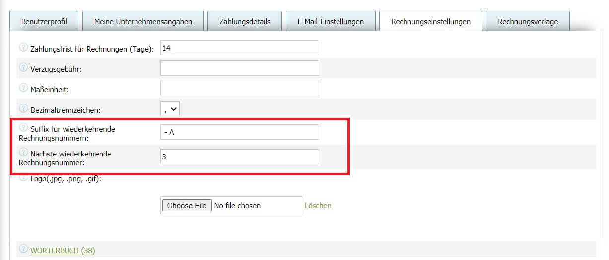 In den Rechnungseinstellungen können Sie 2 Parameter für wiederkehrende Rechnungen festlegen:
