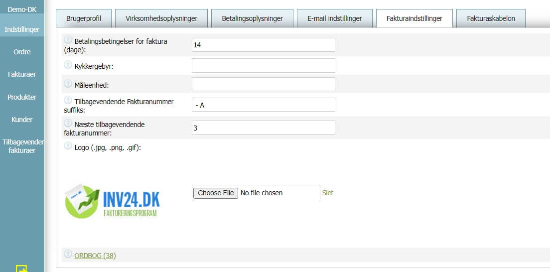 Fakturaindstillinger Fakturaindstillinger