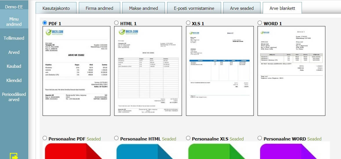 Kasutajakonto - Arve blankett