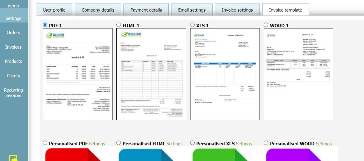 User profile - Invoice template