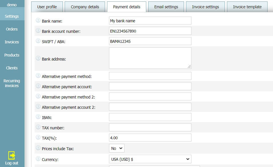 User profile - Payment details