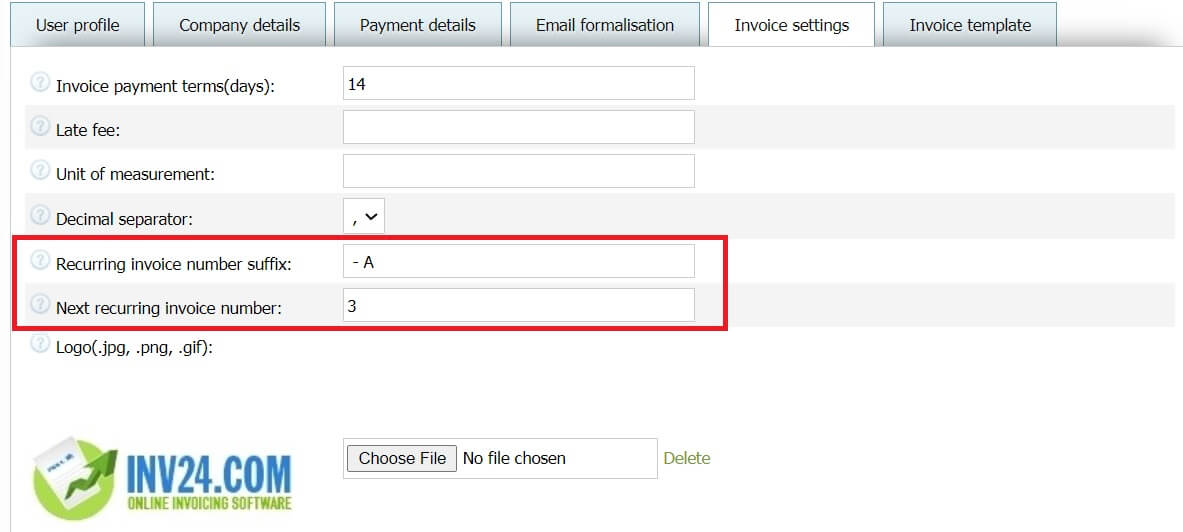 In invoice settings you can set 2 parameters for recurring invoices: