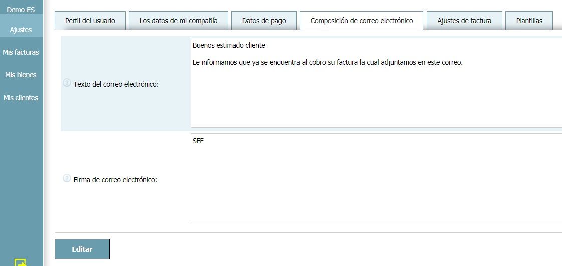 Perfil del usuario - Ajustes de email