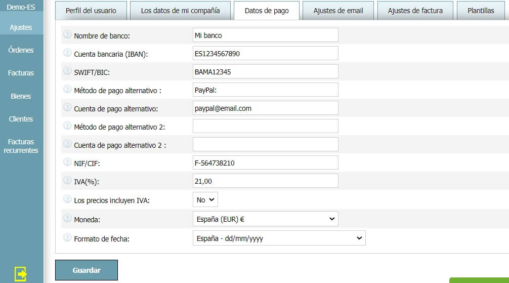 Perfil del usuario - Datos de pago