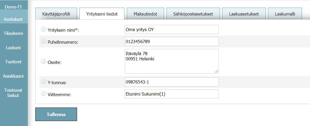 Käyttäjäprofiili - Yritykseni tiedot Käyttäjäprofiili - Yritykseni tiedot