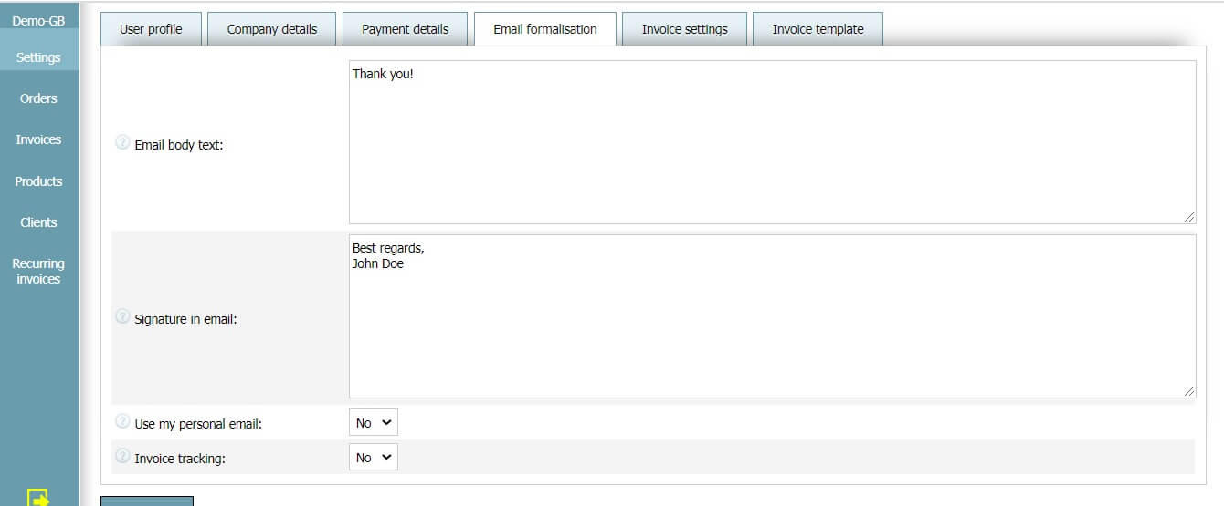 User profile - Email settings User profile - Email settings