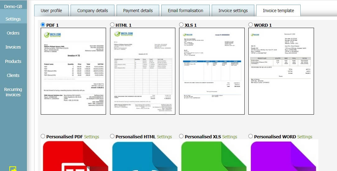 User profile - Invoice template