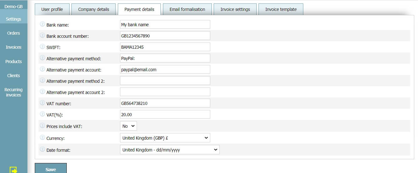 User profile - Payment details