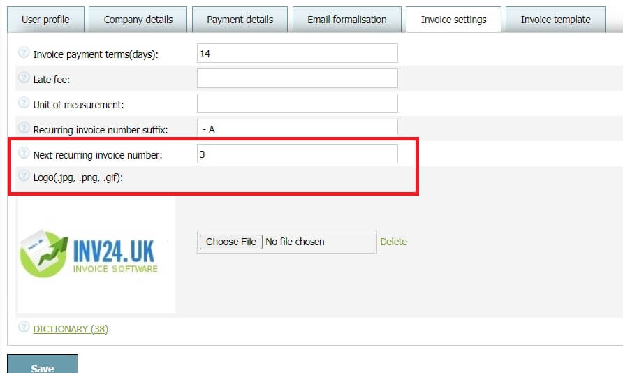 In invoice settings you can set 2 parameters for recurring invoices: In invoice settings you can set 2 parameters for recurring invoices:
